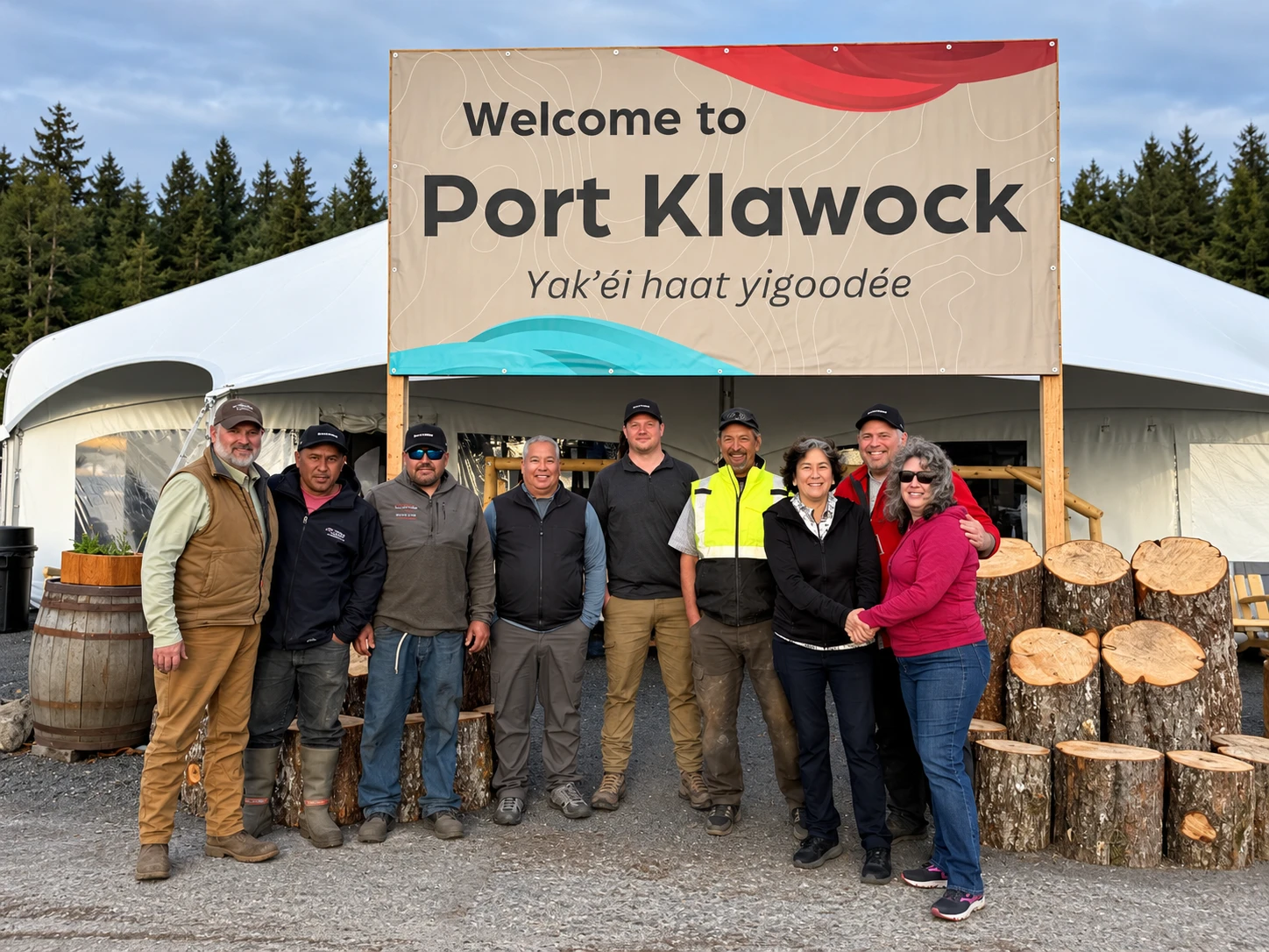 Group photograph in front of the Welcome to Port Klawock sign